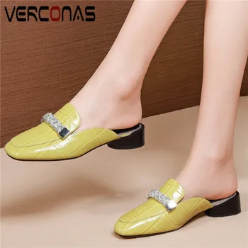 

VERCONAS Women New Arrival Genuine Leather Thick Heel Slippers Basic Shoes Round Toe Thick Heels Sandals Summer Shoes Woman
