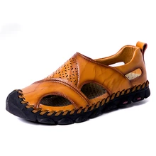Кожаные мужские сандалии; летняя Модная Повседневная пляжная Мужская обувь; брендовая Уличная Повседневная обувь; дышащая Высококачественная обувь на плоской подошве размера плюс