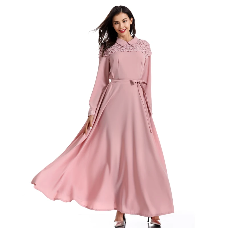 Pink dress Кружева Vestidos Musulmanes abaya Robe Femme Дубай, кафтан, исламский арабский хиджаб мусульманское платье женщины Рамадан кафтан турецкие платья - Цвет: Pink dress