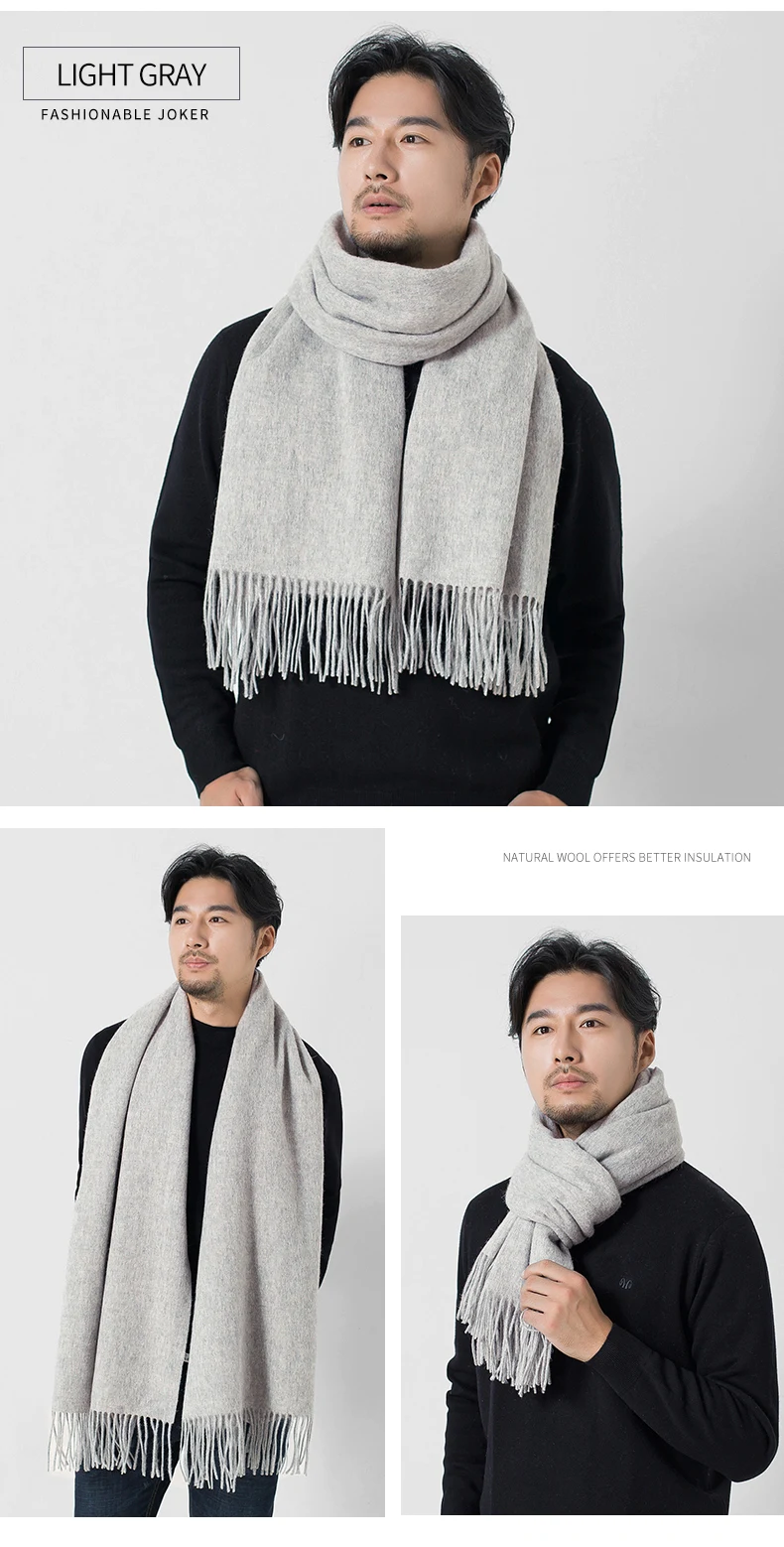 New 100% Wool Man Scarf Winter With Tassel Grey Luxury Brand Male Warm Shawl Knitted Pure Color Blanket Red Palatine Stole 2022 mens dress scarf