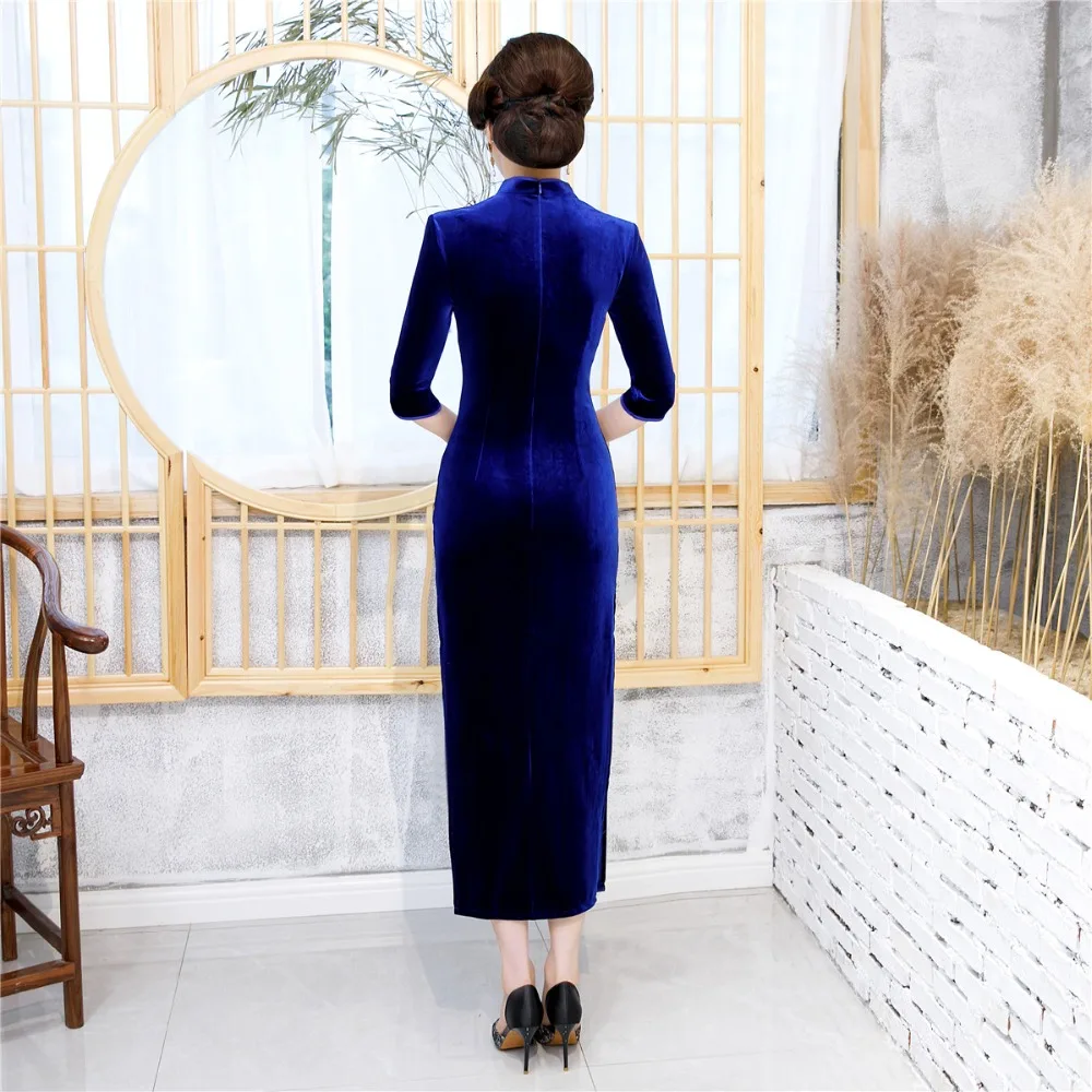 Шанхай история 3 цвета традиционное китайское платье бархат Cheongsam 3/4 рукав цветок вышивка Qipao платья женские винтажные платья