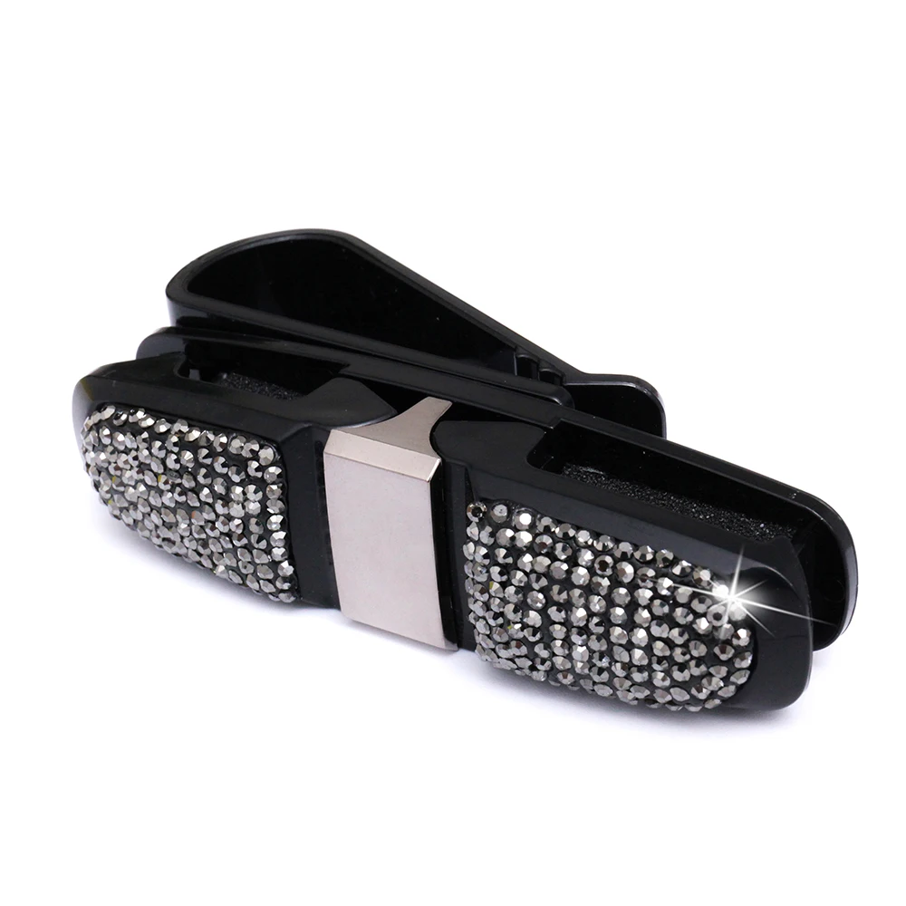 Черный Car Sunglasses Holder Bling Sunglasses Holder Clip Diamond Rhinestone Shining 180 Degree Rotation Glasses Holder for Car - Название цвета: Черный