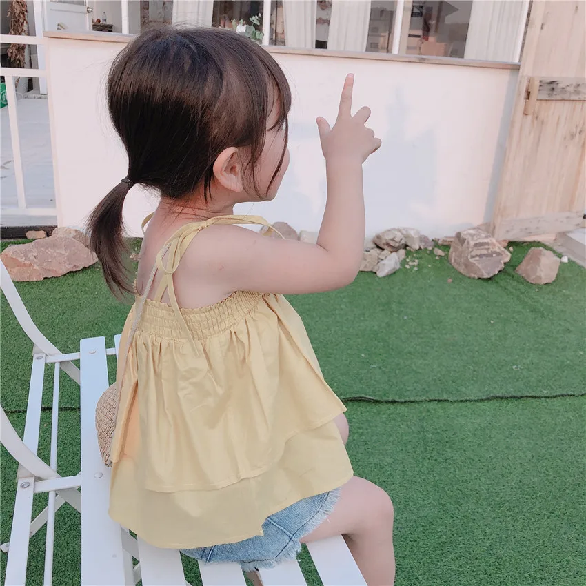 Small Big Brand Summer New Style Dungaree Shirt Korean-style Girls Baby Pure Cotton with Drawstring Camisole Cake Tops Fash