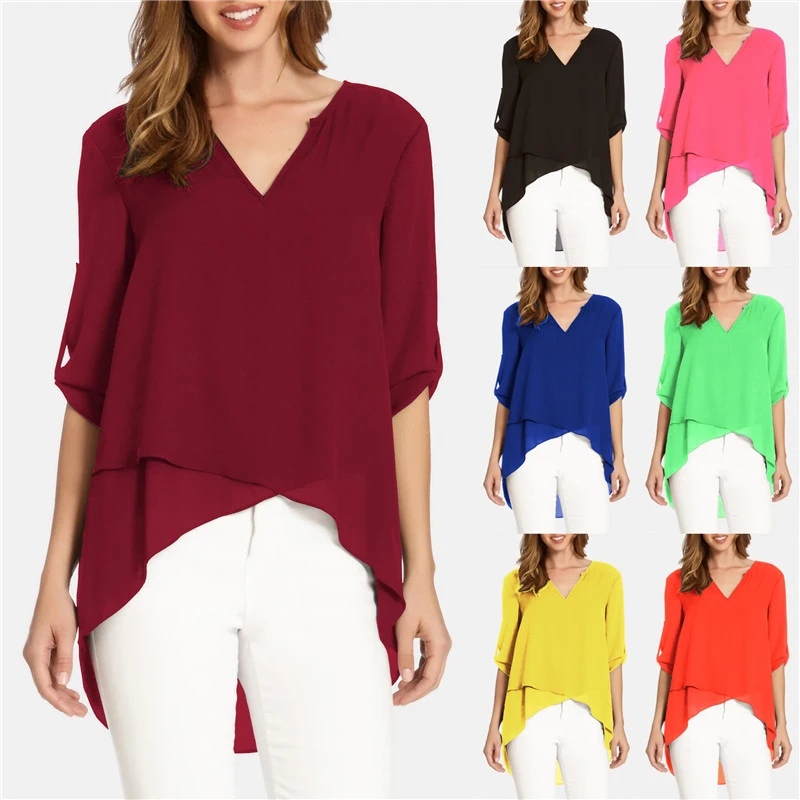 2019 Three Quarter Loose Chiffon Blouses Tops Summer Autumn V Collar Tee Shirts Female Clothes Women Solid Plus Size 5XL | Женская