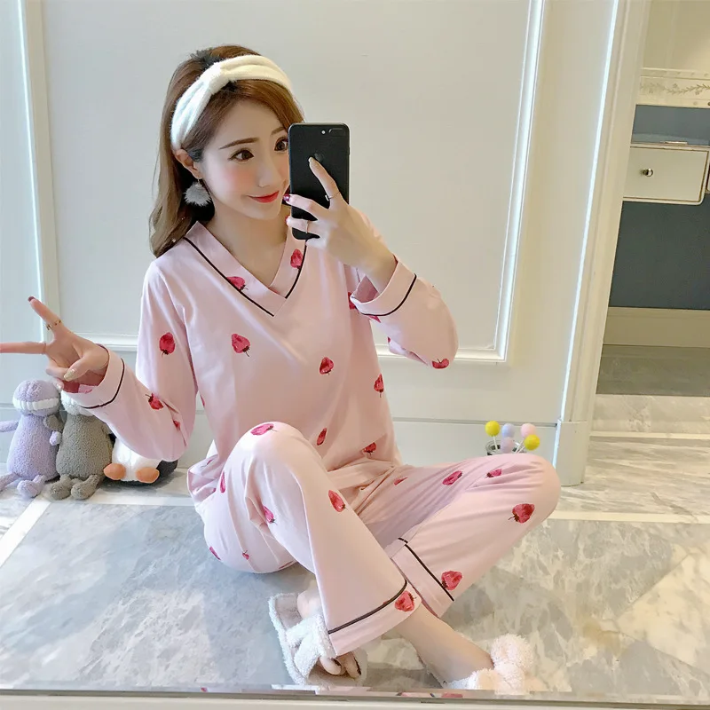 

Autumn Pajamas Women's V-neck Pure Cotton Long Sleeve Strawberry Set Korean-style Sweet Cute Little Women's-Outer Wear Tracksuit