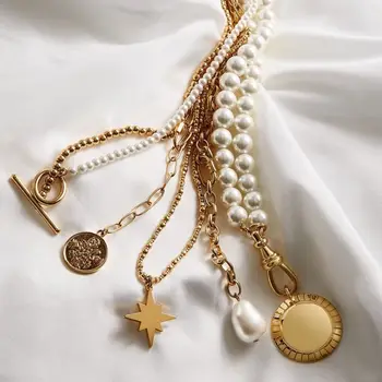 

Fashion Round Coin Star Pendant Necklace Women Gold Color Geometric Mixed Linked Pearl Statement Choker Necklace Jewelry Gift