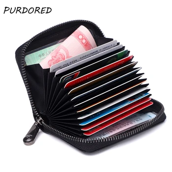 PURDORED 1 pc Men Business Card Holder Genuine Leather Credit Card Holder Women Zipper Pocket Unisex Card Case Zipper Coin Purse 1