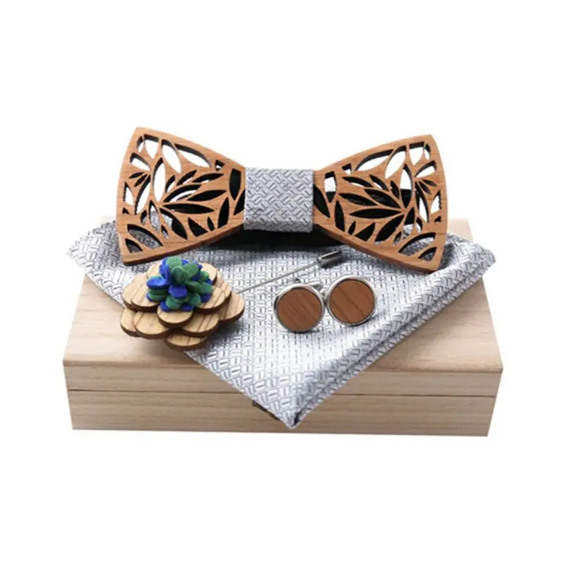  Wooden Bow Tie Handkerchief Set Men Women Hollow Wood Carved Floral Corsage Cufflinks Jewelry Gifts