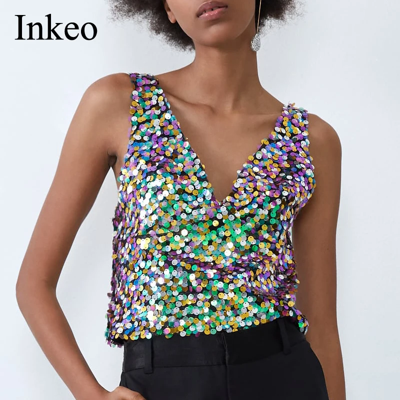 Кроп-Топ женский с блестками и глубоким V-образным вырезом | Женская одежда