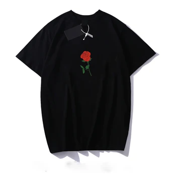 

Summer Short sleeve Rose Print Cotton T-shirt Fashion Minimalist Bottoming Streetwear Hip Hop Oversized 3XL Black White Clothes