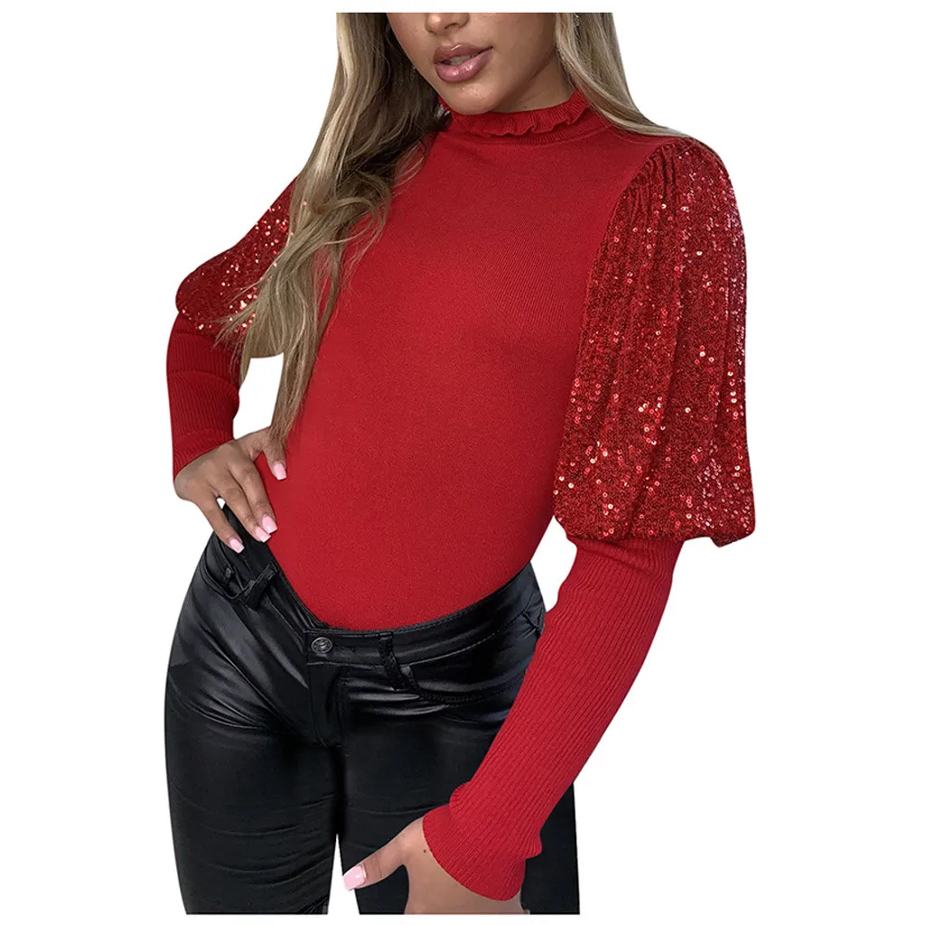 Одежда для женщин, ropa mujer, модная женская однотонная водолазка с пышными рукавами, с блестками, в стиле пэчворк, тонкая Повседневная Верхняя одежда для женщин
