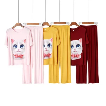 

Spring Summer Comfortable Modal Pajamas Suit Female Round Neck Cartoon Big-Eyed Cat Short-Sleeved Trousers Loose Nighties