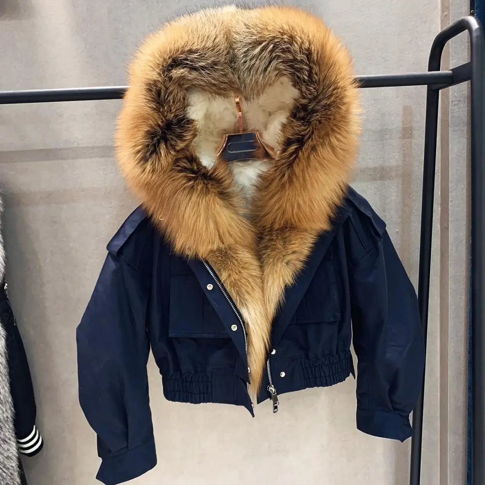 dark blue with gold Куртка-бомбер из натурального меха для женщин, толстая подкладка из меха ягненка, короткая парка с капюшоном и большим воротником из меха Красной лисы - Цвет: dark blue with gold