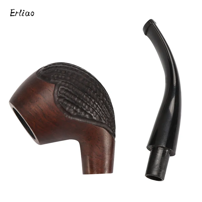 Erliao Top Grade Ebony Wood Pipe 9mm Filter Tobacco Handmade Smoking Pipe Vintage Bent Engarved Smoke Accessories