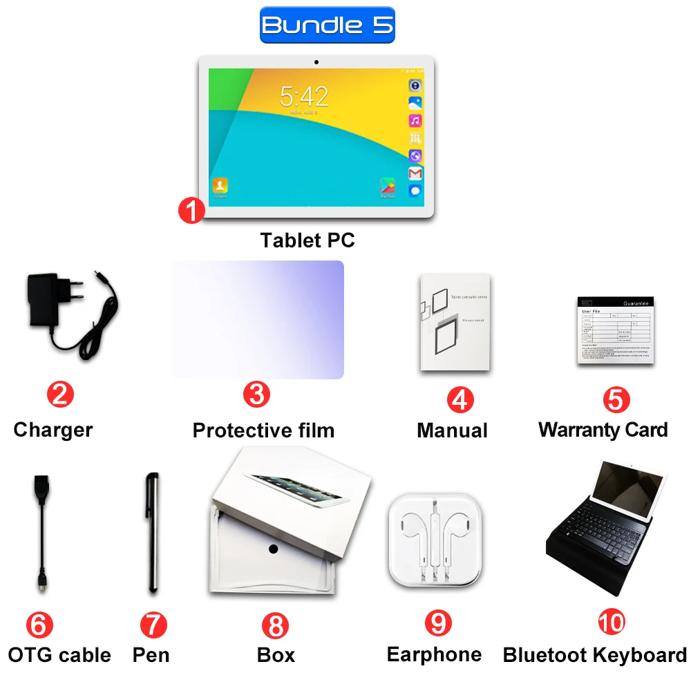 Супер закаленное 2.5D стекло 10,1 дюймов планшетный ПК ОС Android 9,0 Восьмиядерный 6 ГБ ОЗУ 128 Гб ПЗУ 8 ядер 1280*800 ips фаблет планшеты 10 - Комплект: Комплект 5