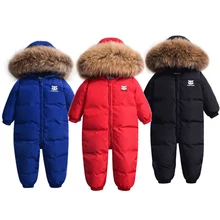 Русский зимний детский зимний комбинезон, плотное пуховое пальто с капюшоном с натуральным мехом, детский лыжный комбинезон, зимняя одежда для мальчиков и девочек, Комбинезоны