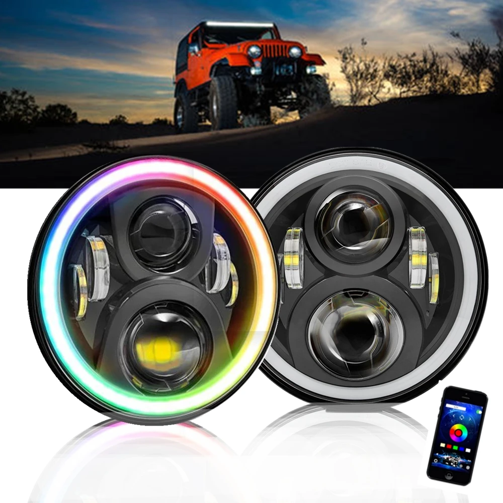 

Автомобильные 7-дюймовые светодиодные RGB гало фары Bluetooth App контроллер для Jeep Wrangler TJ JK Rubicon 1997-2018 для Lada Niva 4X4 Urban