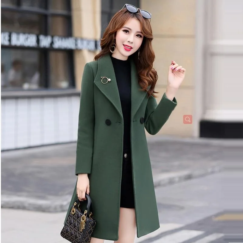 Новинка, осенне-зимнее шерстяное пальто для женщин, элегантное Модное теплое черное шерстяное пальто-ветровка, женское кашемировое пальто на зиму, Женская куртка - Цвет: green