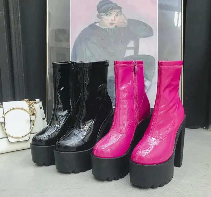 new autumn and winter women's boots round head back zipper Martin boots leather super high heel thick with women's booties