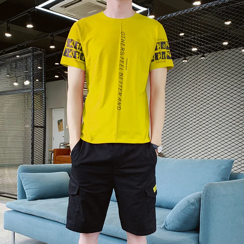 

Summer New Style Crew Neck Short Sleeve Casual Sports Two-Piece Set Men Cool Printed Trend T-shirt Shorts Men'S Wear