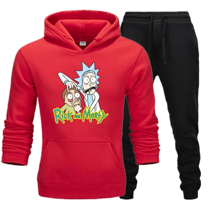 Мужские и женские спортивные толстовки с принтом Rick and morty, мужские флисовые толстовки в стиле хип-хоп+ длинные брюки, костюм, Приталенная толстовка с капюшоном
