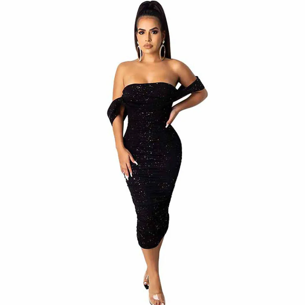 Женское платье без бретелек с открытыми плечами и блестками|Платья| |