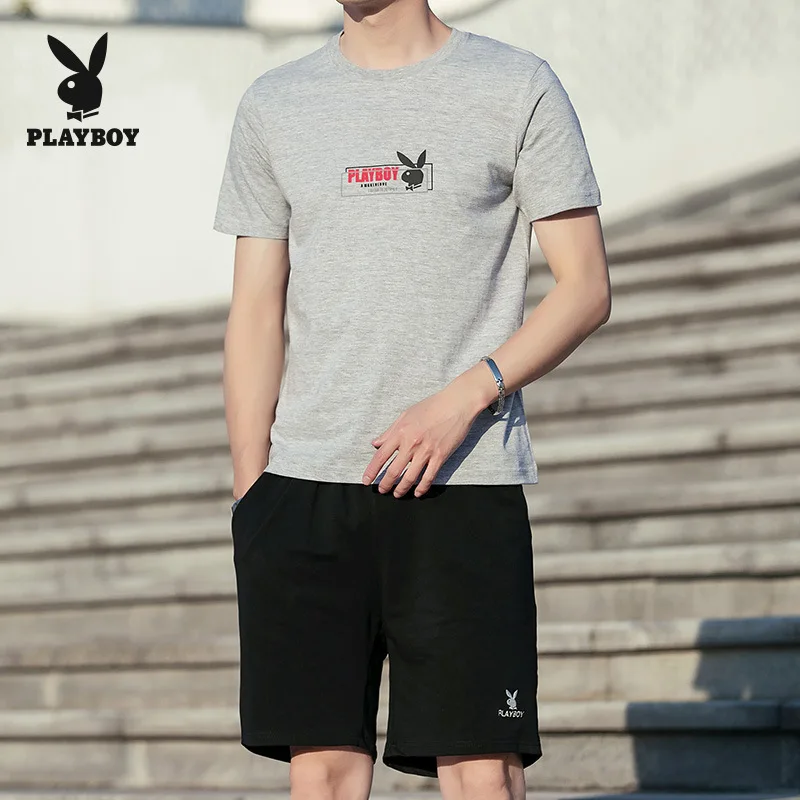 Brand 2020 Playboy Teen Men's Slim Breathable Fashion Trendy T-Shirt + Five-Pants Sports Pants Set Clothes