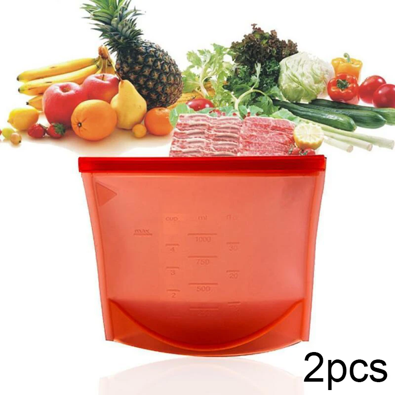 2pcs Reusable Food Storage Silicone Bag Seal Fresh Bag For Fruit Meat Containers
