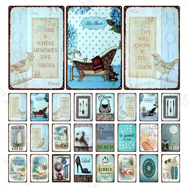 Синяя вывеска для ванной металлическая настенная жестяная винтажная декор стены