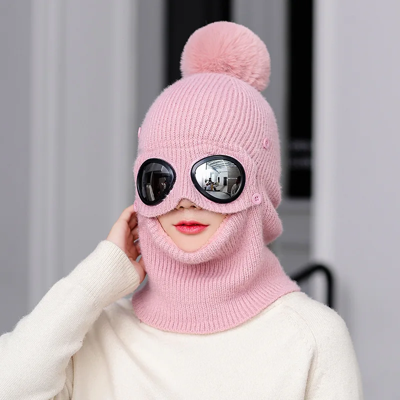 pink Женская зимняя теплая вязаная шапка с шарфом набор флисовые плюшевые шапки для женщин Открытый Велоспорт ветрозащитный шарф шапка набор девочка Толстая шапка - Цвет: pink