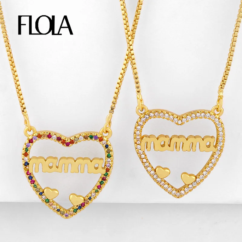 FLOLA CZ Multicolor Mom MaMa Necklaces For Women Micro Pave Crystal Heart Necklace Stone Cubic Zirconia Name Gold Jewerly nkeq51 | Украшения