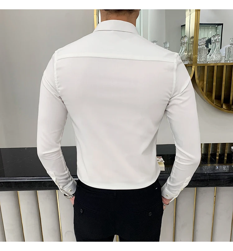 Рождественская мужская рубашка-смокинг с длинным рукавом 2019, приталенная белая рубашка, Мужская однотонная офисная рубашка, Повседневная