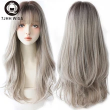 

7JHH WIGS Long Wavy Curly Omber Gray White Hair Highlights Synthetic Blend Wigs With Fluffy Bangs For Women's Daily Wear Wigs