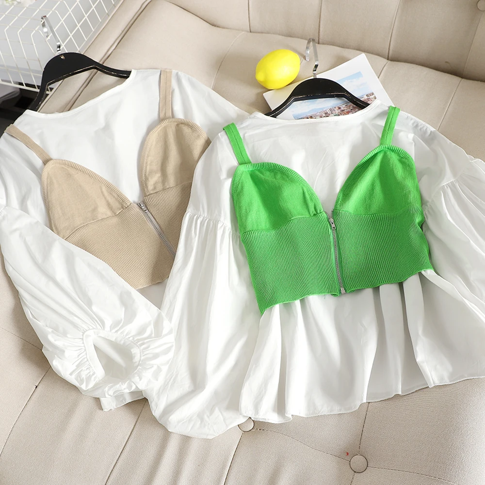 

2019 summer new suit fashion puff sleeve shirt camisole two-piece suit