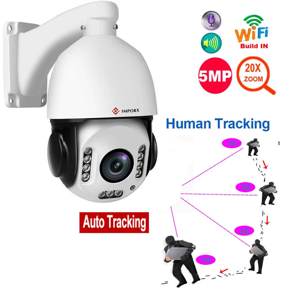 

IMPORX 5MP Wireless IP Camera 20X Zoom Auto Tracking PTZ IP Camera HD 1944P WIFI People Humanoid Recognition Speed Dome Camera