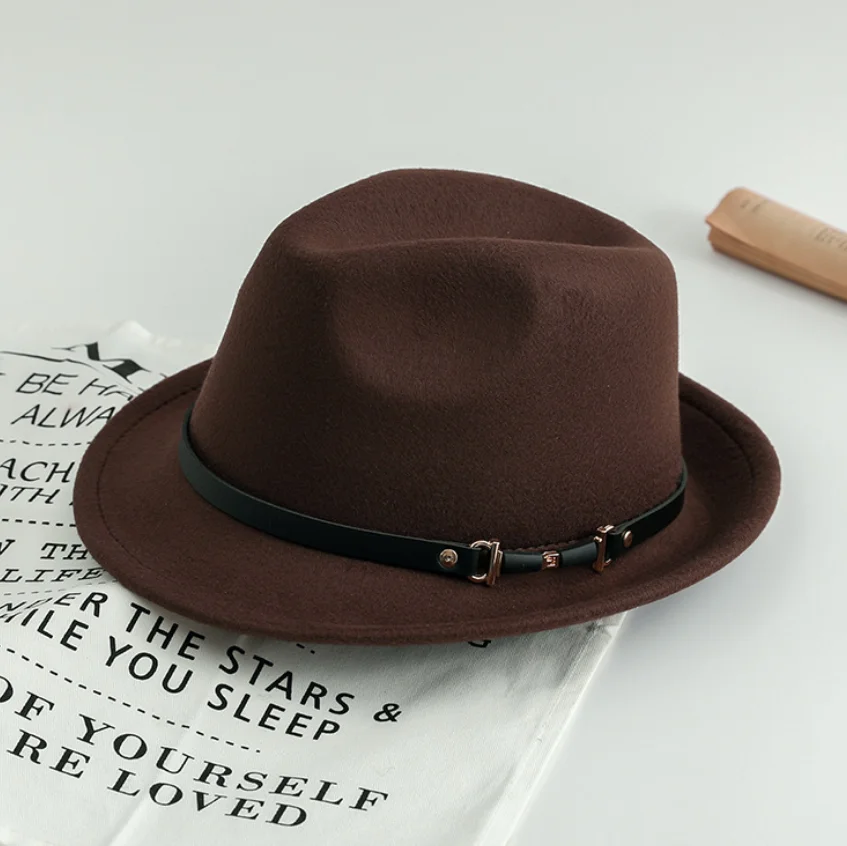 brown fedoras Женская мода джаз шляпа осень зима полушерстяная Кепка открытый пояс Кепка с пряжкой - Цвет: brown