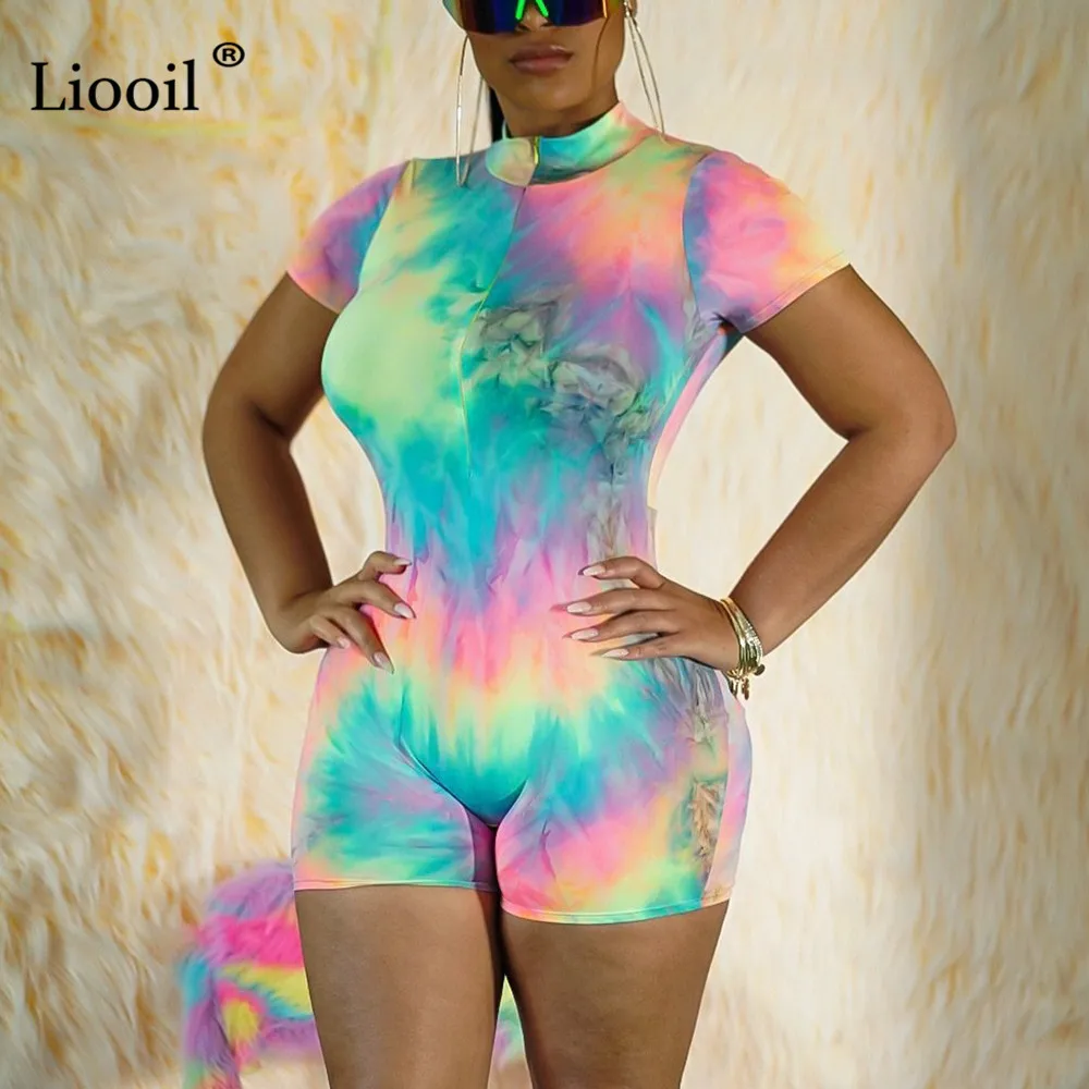 Liooil Tie Dye Облегающий комбинезон женский сексуальный цельный плотные комбинезоны осень на молнии вечерние Клубные Комбинезоны Женский комбинезон шорты