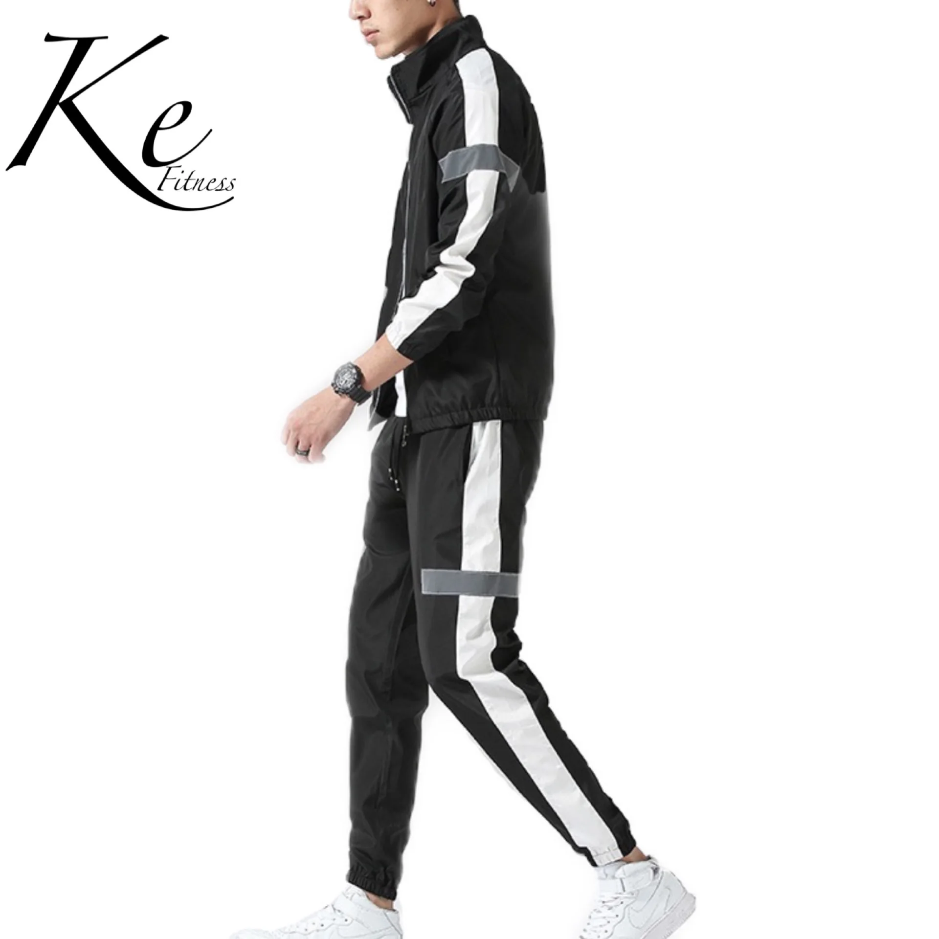 

Новинка Осень 2020, спортивный костюм KE, свободный светоотражающий Мужской Повседневный корейский студенческий модный брючный костюм, спортивный костюм, мужской спортивный костюм
