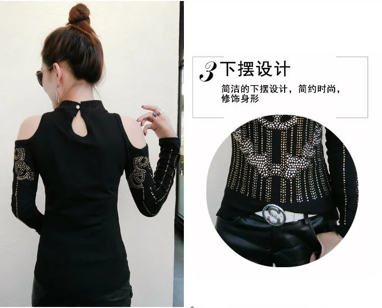 winter round neck long sleeve off the shoulder sexy tops t-shirts for women women's beading rivet top basic t-shirt t shirt red