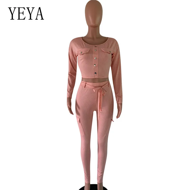 YEYA/комплект из двух предметов; элегантные модные спортивные костюмы с длинными рукавами; с пуговицами; Женские повседневные Комбинезоны с эластичной резинкой на талии; сезон осень
