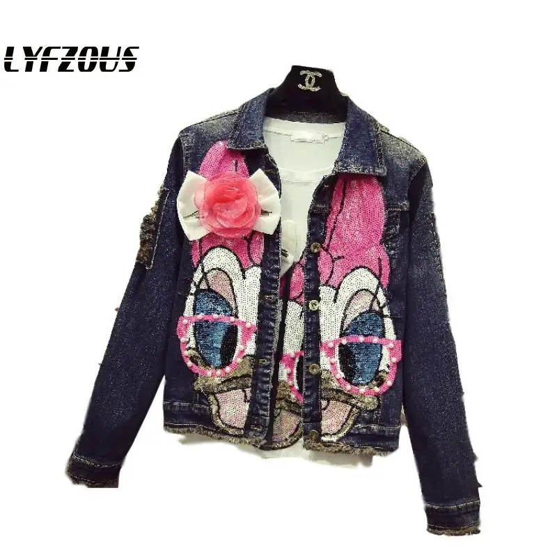 

Students Short Denim Jacket Coats Spring Autumn Women New Fashion Pearls Pink Sequins Long Sleeve Jeans Coats Overcoats