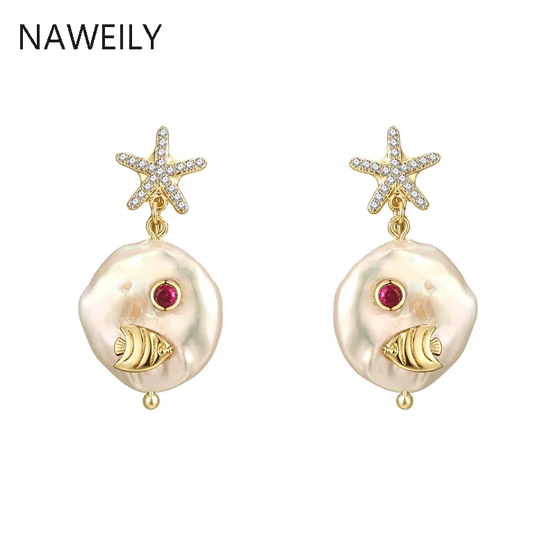 

Fashion Fish Starfish Pearl Stud Earrings Baroque Freshwater Pearls Earring For Women Female Original Design CZ Crystal Earring