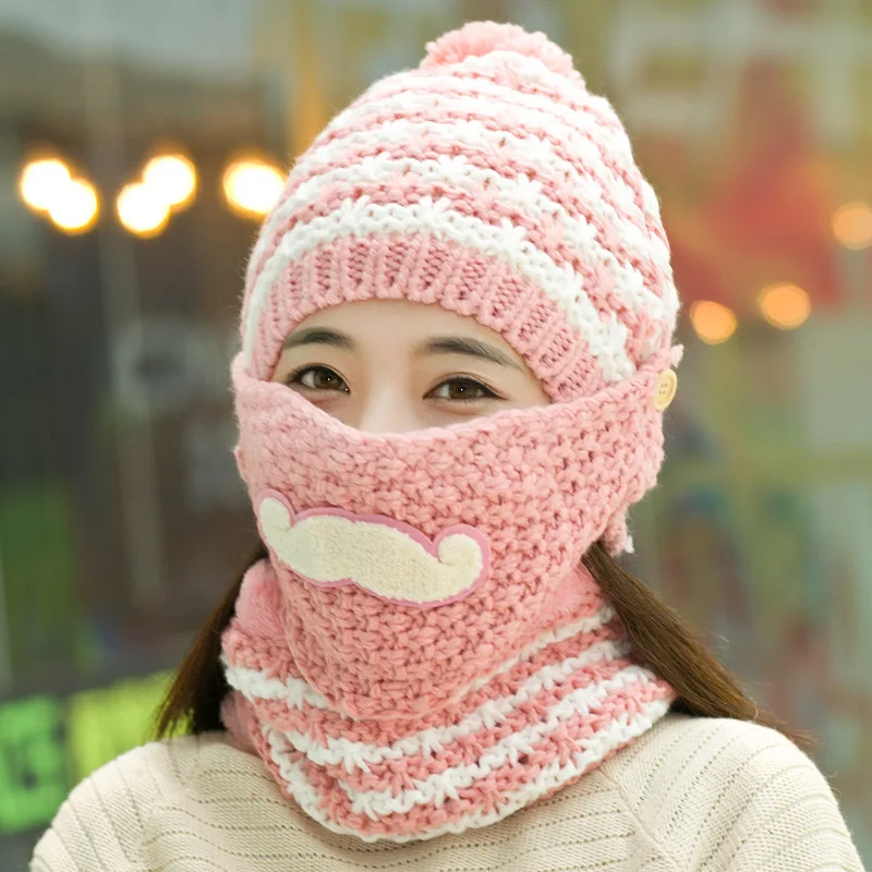 Pink2 3pcs Осенне-зимняя женская вязаная шапка, шарф, наборы масок, утолщенная плюшевая шерсть, модная женская уличная ветрозащитная шапочка с помпоном - Цвет: Pink2 3pcs