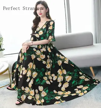 

2020 Summer New Arrival High Quality Plus Size Bohemian Style V Collar Flower Printed Flare Sleeve Women Long Chiffon Dress