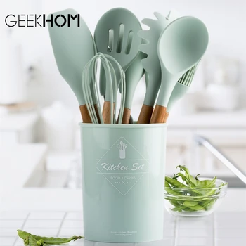 

Kitchen Utensils Silicone Cooking Tools Set Heat Resistant Non-Stick Wooden Handle Silicone Kitchenware Cookware Spoon Spatula