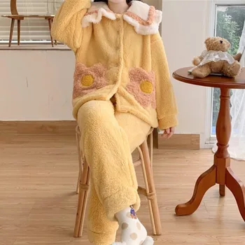 

2020 Pajama Woman Winter Autumn Leisure All-match Plush Velvet Warmth Sleepwear Loose Cute Pajamas Home Service Two-piece Suit
