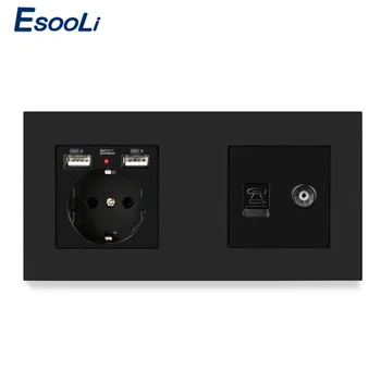 

Esooli Plastic Panel EU Standard Electric Socket with 2 USB + 1 Gang RJ11 Telephone and Female TV Jack Connector 172*86mm