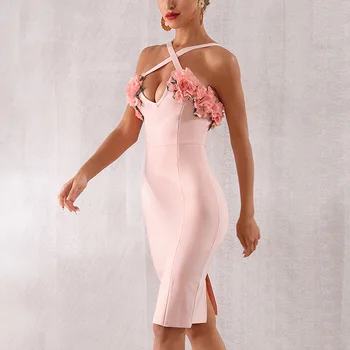 

DANALA New Party Dress For Women Party Pink Three-dimensional Flower Ruffled Patchwork Thin Shoulder Strap Women Tight Dress