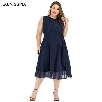 

KAUNISSINA Plus Size Cocktail Dress Women Elegant Party Gowns O-Neck Sleeveless Solid Chiffon Lace Homecoming Dress