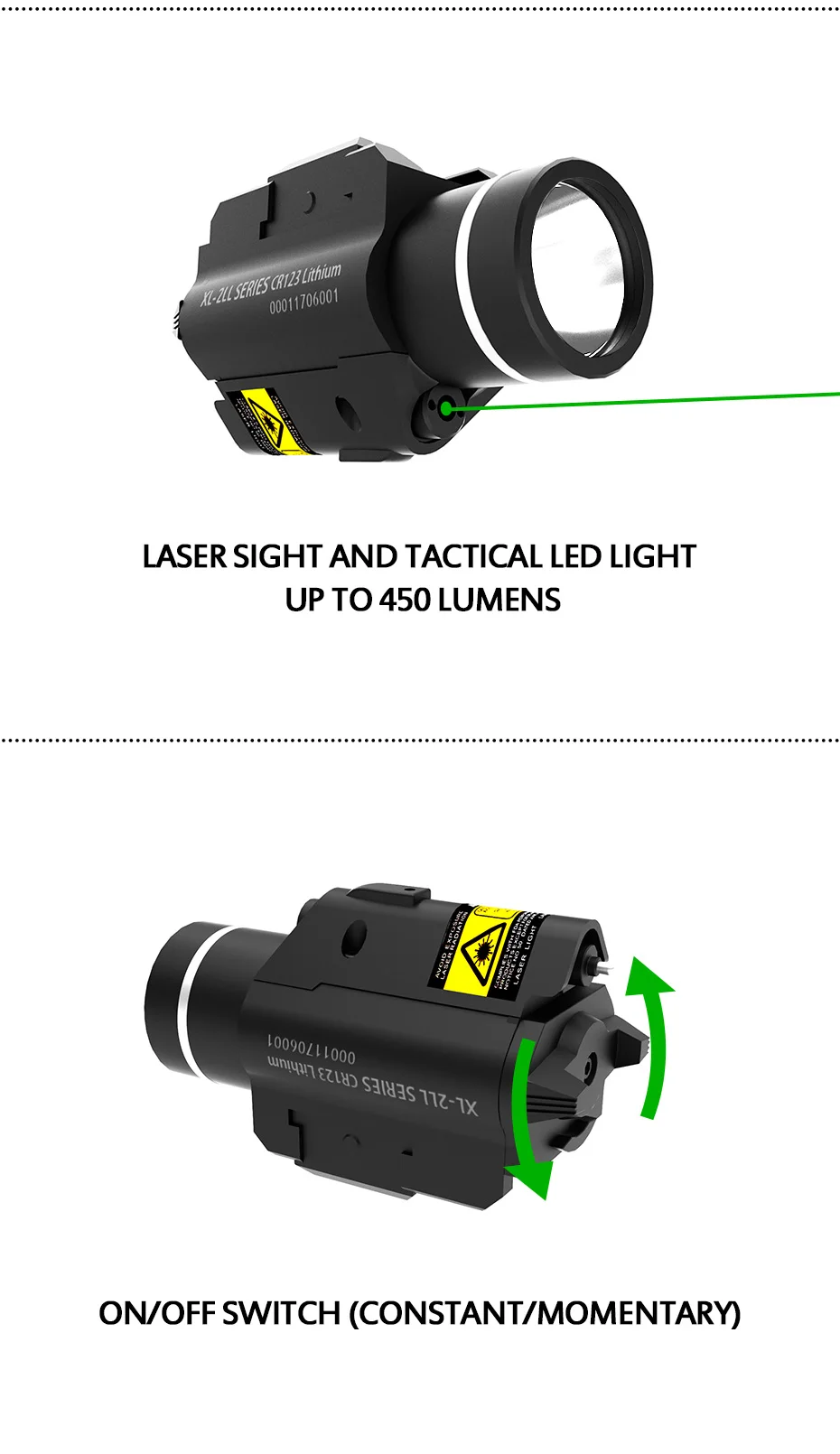 Rifle e Pistola 2 em 1 Verde com 450lm Led para Caça Laservelocidade Combo Tactical Pulsado Mira Laser Lanterna Glock 17 19 4 mira laser verde com 450lm lanterna led